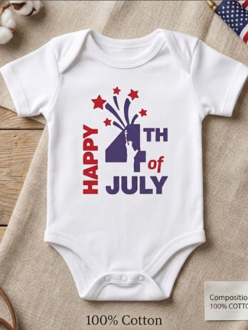 Baby Onesie "Happy 4th of July" White Red & Blue Graphic |  🇺🇸2/$15
